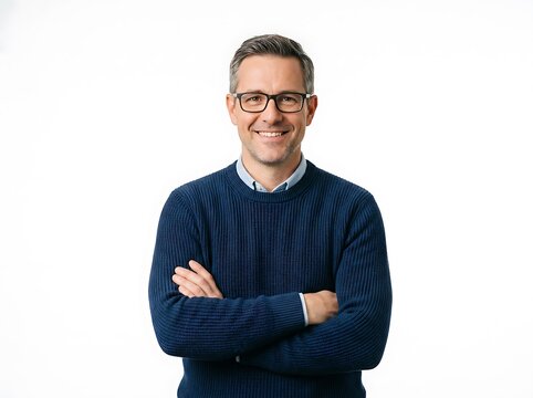 Confident businessman in navy sweater with crossed arms.