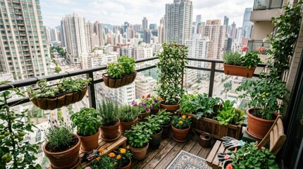 Fototapeta premium Urban balcony garden filled with potted vegetables and herbs overlooking a city skyline.