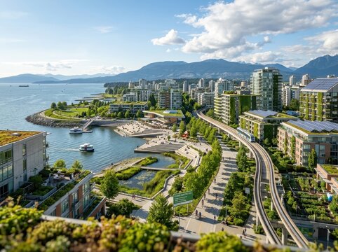 Modern sustainable urban waterfront with green architecture and transit