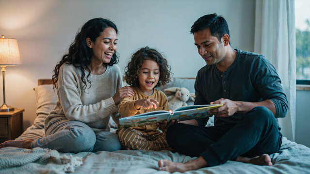 Multicultural family reading picture book together, authentic candid moment of parenting and connection