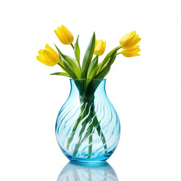 Quantum Tulips Wave Minimal wave function etched vase with tulips (Tulipa), patterns undulating, glass quantum-like, isolated on a pure white