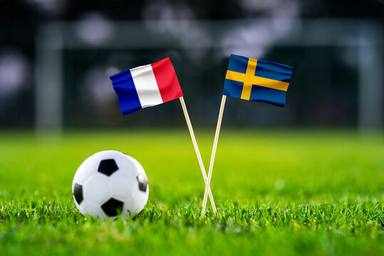 France vs Sweden, national flags before international football tournament Round of 32 match, football on green grass with goal in the background, East Rutherford, New Jersey, USA, June 30, 2026