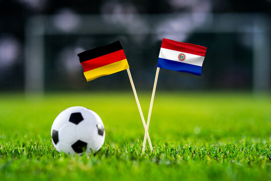 Germany vs Paraguay, national flags before international football tournament Round of 32 match, football on green grass with goal in the background, Foxborough, Massachusetts, USA, June 29, 2026