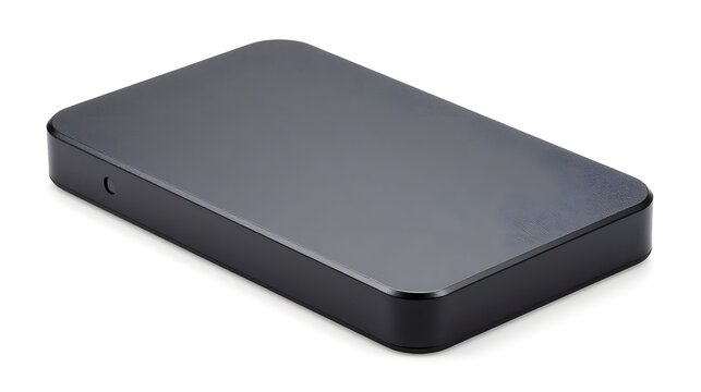 Black rectangular electronic device with rounded corners and small hole on white background