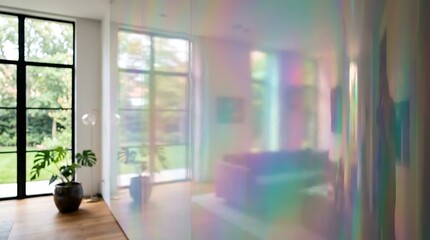 Fototapeta premium Modern living room with iridescent wall.