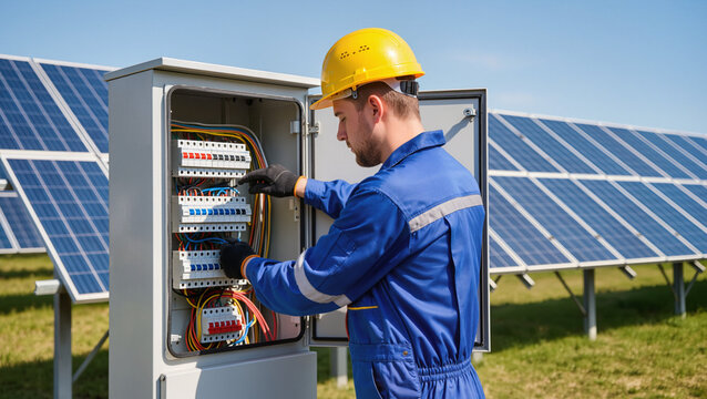 Technician inspecting power box, Photovoltaic installation service, Renewable energy worker, Electrical panel adjustment, Green energy generation maintenance, Engineer connecting wires