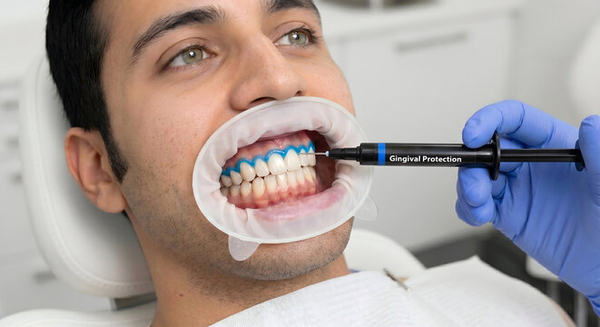 Aplicaci&oacute;n de barrera gingival fotopolimerizable a paciente, protecci&oacute;n de enc&iacute;as y tejidos blandos