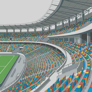 Modern Stadium Architecture Featuring Rows of Colorful Empty Seats and a Green Playing Field for Sports Events
