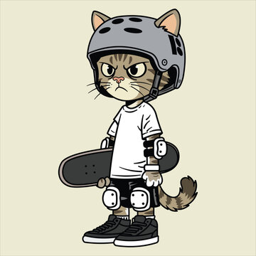 Cute Skater Cat Cartoon Character Wearing Helmet Holding Skateboard. 
Cute cartoon cat skater character wearing a safety helmet, elbow pads, knee pads, and casual streetwear while holding a skateboard