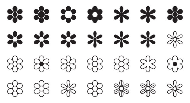 Set of 28 different simple black vector flat flower icons, round shape blossoms.
