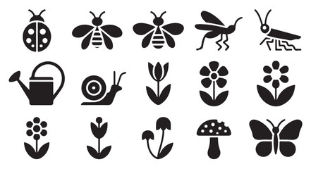 Garden and insect icons ladybug bee mosquito snail mushroom butterfly. © Tanvir