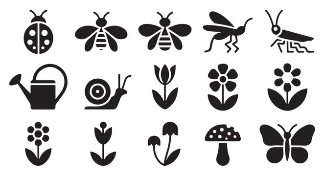 Garden and insect icons ladybug bee mosquito snail mushroom butterfly.