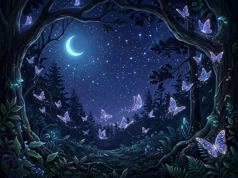 Enchanted Forest Night Scene with Butterflies and Moonlight.