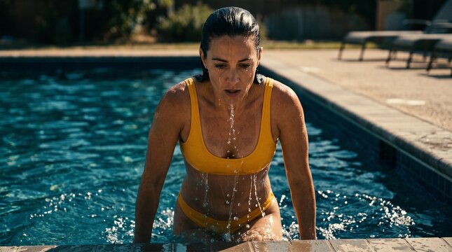 Woman Refreshing in Pool on Sunny Day