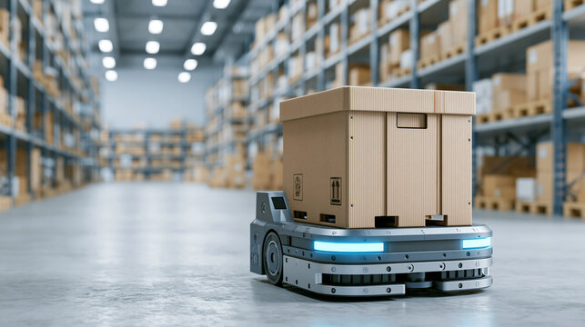 Autonomous warehouse robot transporting plastic bin in fulfillment center