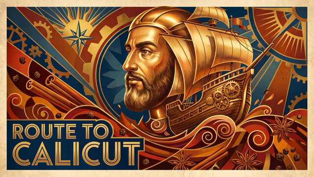 Vasco da Gama portrait with ship on an artistic background, celebrating exploration. Text overlay "ROUTE TO CALICUT"