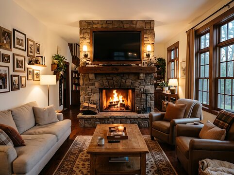 Cozy Living Room with Stone Fireplace and Warm Lighting.