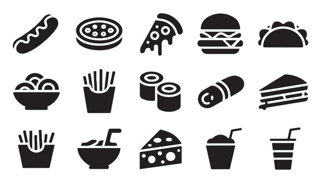 Assorted fast food icons including fries sushi sandwiches and beverages for food menus.