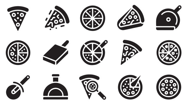Pizza restaurant elements with various slices whole pies and cooking equipment silhouettes.