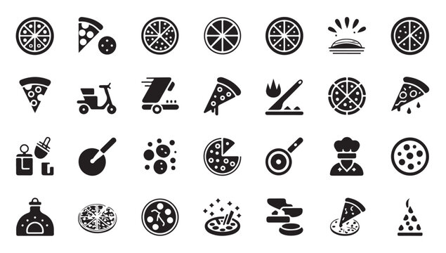 Comprehensive collection of pizza related icons and various food industry graphic assets.