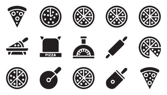 Pizzeria flat vector icons including rolling pin pizza box wood fire oven and many slices.