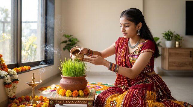 Indian Girl Performing Traditional Gauri Vrat Ritual with Brass Kalash and Fresh Wheat Grass at Home