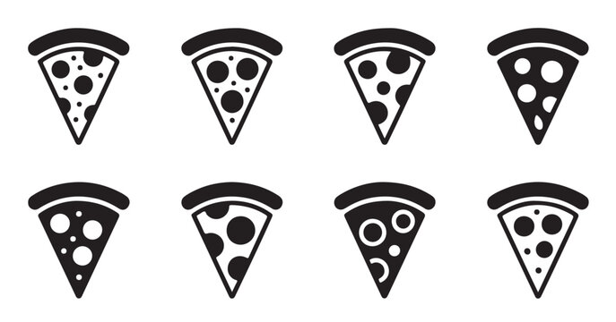 Collection of flat pizza slice icons with different toppings on transparent background.