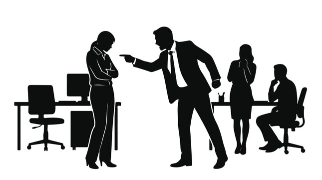 Toxic workplace silhouette of angry boss shouting at employee, office harassment and professional conflict scene, aggressive manager blaming subordinate