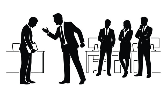 Angry boss shouting at employee silhouette, toxic workplace conflict in office, business people arguing and professional stress vector illustration
