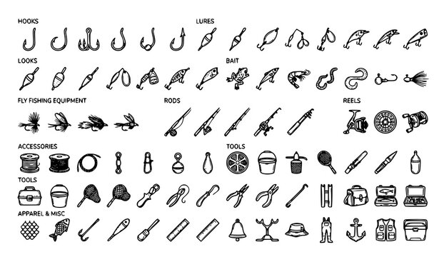 Professional Fishing Equipment Sketch Vector Pack with Hooks Lures Baits Rods Reels and Fly Fishing Doodle Illustrations