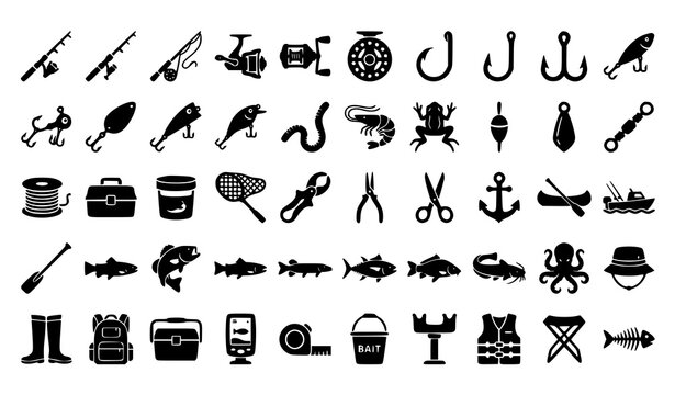 Minimal Black Fishing Icons Collection with Angling Equipment Rod Reel Hook and Fish Vector Set
