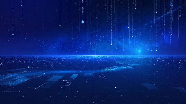 Abstract digital background with falling binary code and glowing grid