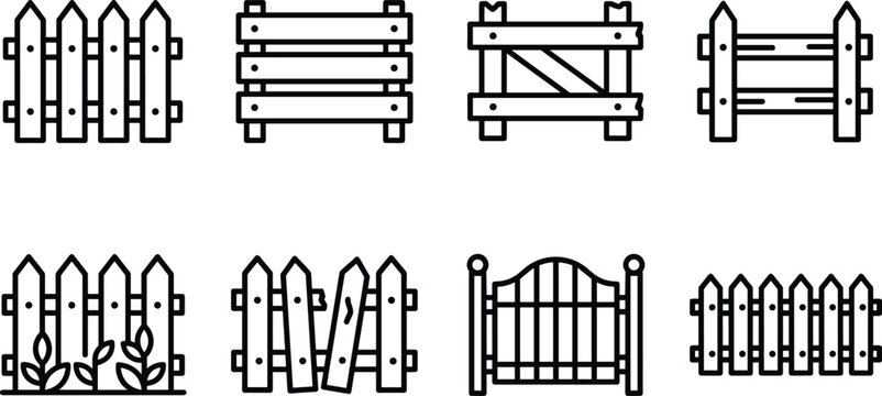 Wooden Picket Fence and Garden Gate Icon Set for Landscaping Websites, Backyard Apps, and Architecture Designs