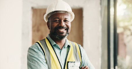 Smile, black man and portrait of construction worker on site with confidence for renovation....