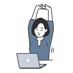 Young asian woman stretching her arms to refresh beside laptop, female remote worker taking a break to relax flat vector illustration © Ys illustration