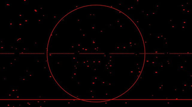 Abstract red circle and lines on a black background with red particles.