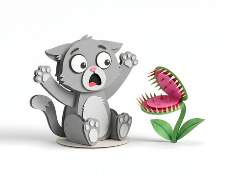 Shocked paper craft kitten facing a hungry venus flytrap plant