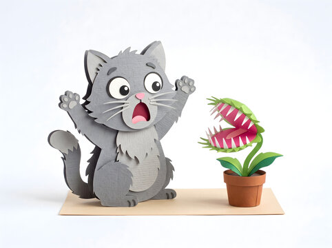 Scared grey cat facing a potted venus flytrap plant craft