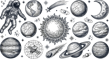 Vintage Solar System and Outer Space Engraving Vector Set Featuring Astronaut Sun Planets Earth Saturn Jupiter Moon and Floating Satellite Graphics © Sultana
