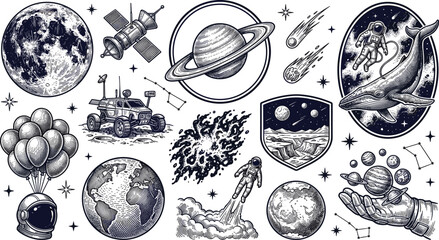 Vintage Outer Space Exploration Engraving Vector Set Featuring Astronauts Planets Earth Moon Saturn Satellite Rover Cosmic Whale and Stars for Sci Fi Designs © Sultana