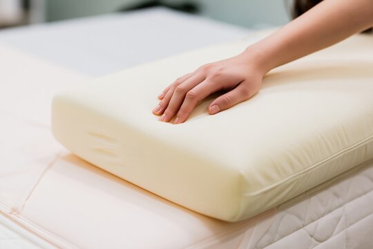 Orthopedic memory foam pillow being tested by a hand on a soft mattress for sleep comfort and spinal support imagery