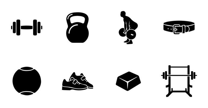 Fitness Icons Set: Dumbbell, Kettlebell, Weightlifting, Belt, Medicine Ball, Sneakers, Step Platform, Barbell Rack