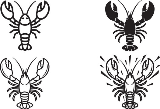 Collection of four different crayfish or crawfish illustrations in black and white, Four  crayfish silhouettes