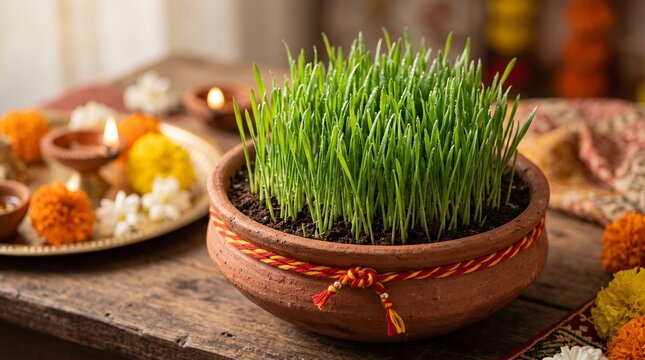 Close-Up of Vibrant Green Wheat Grass Jaware in Terracotta Pot with Sacred Moli Thread for Hindu Gauri Vrat Festival