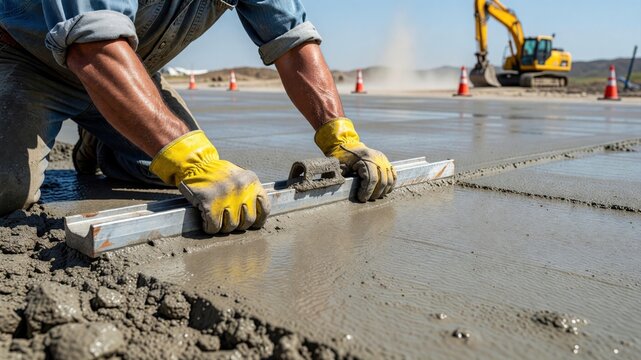A construction worker uses a metal screed tool to level wet concrete on a road construction site.