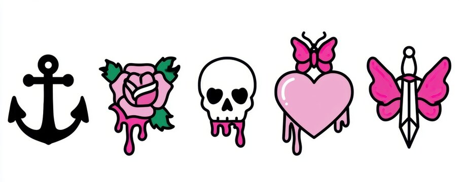 Collection of colorful traditional tattoo style icons featuring anchor rose skull heart and dagger