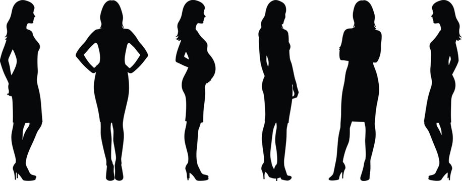 Silhouette of diverse women standing in various poses, female figures, fashion posture concept, elegant women outline, stylish feminine profile collection