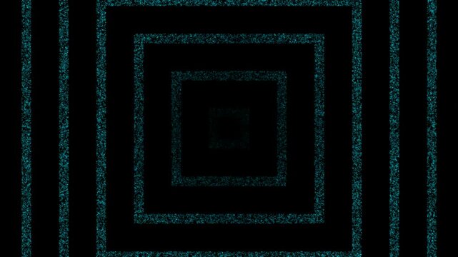 Abstract glowing turquoise squares forming a tunnel effect on a black background.