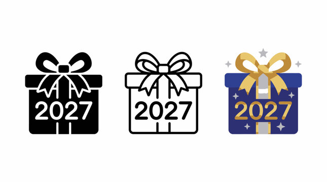 a digital graphic featuring a line art drawing of a gift box labeled "2027"
