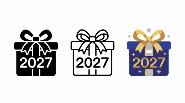 a digital graphic featuring a line art drawing of a gift box labeled "2027"